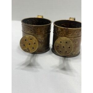 Vintage Brass Miniature Watering Cans Set of 2 Embossed Floral Decor Patina